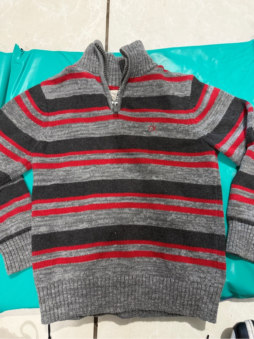 Calvin Klein Jeans Gray, Black & Red Striped Zip Sweater